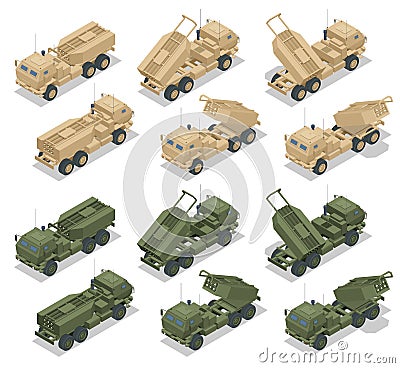 Isometric rocket salvo fire system on a wheeled landing gear. Rocket artillery. Tactical ballistic missile. War. Light Vector Illustration