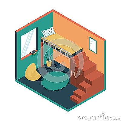 Boy Room in Isometric Style. Bed uder the ceiling. Cabinet and the strairs are two in one. Book on the window. Bean Bag Chair and Stock Photo