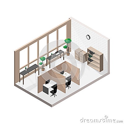 Isometric modern office room with white brick walls with a wall clock and several clear glass windows. Vector Illustration