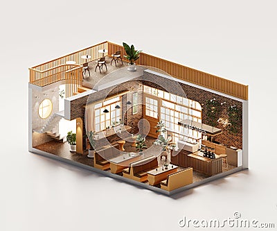 Isometric room minimal cafe store open inside interior architecture 3d rendering Stock Photo