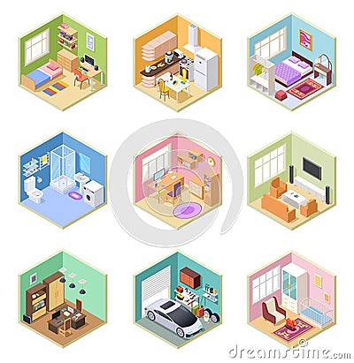 Isometric rooms. Designed house, living room kitchen bathroom bedroom toilet apartment interior with furniture 3d vector Vector Illustration