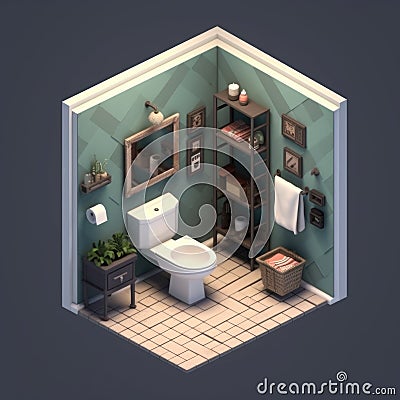 Isometric rooms. Designed house. toilet isometric interior Stock Photo