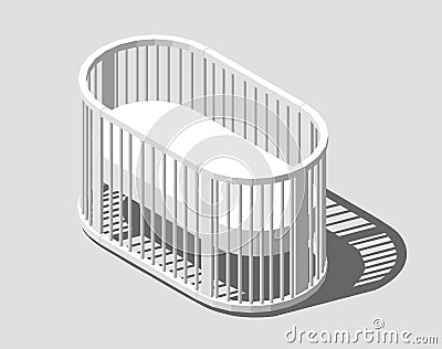 Isometric round white cot. Baby Crib. Modern nurse design. Vector illustration eps 10 isolated. Cartoon Illustration