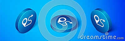 Isometric Route location icon isolated on blue background. Map pointer sign. Concept of path or road. GPS navigator Vector Illustration