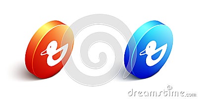 Isometric Rubber duck icon isolated on white background. Orange and blue circle button. Vector Vector Illustration