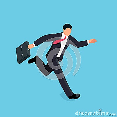 Isometric running businessman isolated on blue background. Vector Illustration