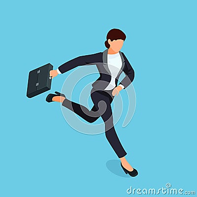 Isometric running businesswoman isolated on blue background. Vector Illustration