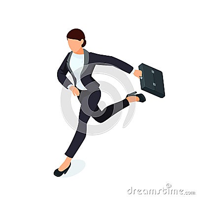 Isometric running businesswoman on white background Vector Illustration