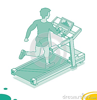 Isometric running man on treadmill. Running simulator. Outline object isolated on white background. Sport gym fitness center Cartoon Illustration