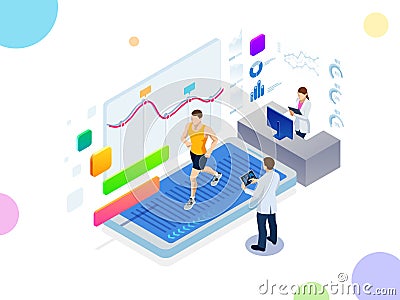 Isometric running on a treadmill and fitness bracelet or tracker isolated on white. Man running on a smartphone Vector Illustration