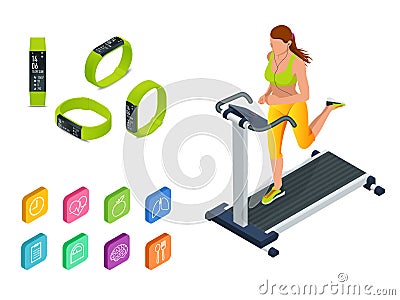 Isometric running on a treadmill and fitness bracelet or tracker isolated on white. Sports accessories, a wristband with Vector Illustration