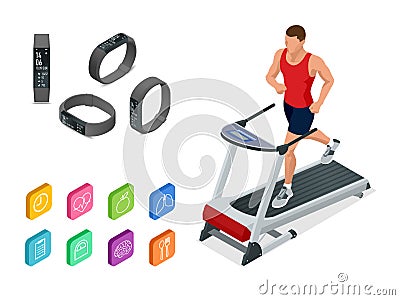Isometric running on a treadmill and fitness bracelet or tracker isolated on white. Sports accessories, a wristband with Vector Illustration