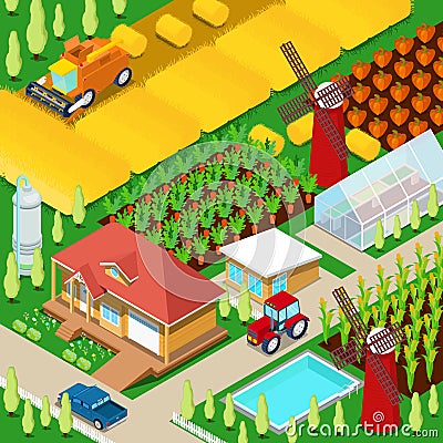 Isometric Rural Farm Agricultural Field with Greenhouse and Windmill Vector Illustration