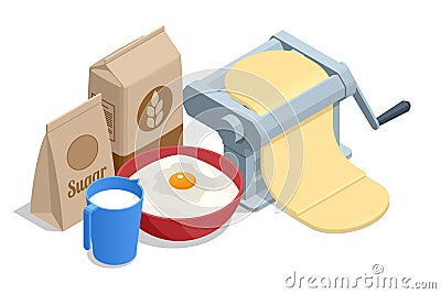 Isometric rye or wheat flour, dough sheeting machine, milk, egg. Bakery, rustic traditional food concept. Vector Illustration