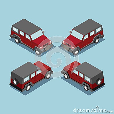 Isometric safari off road car . SUV red cross country vehicle. Vector Illustration