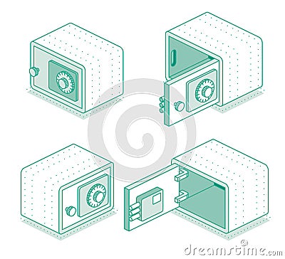 Isometric safe with open and closed doors. Outline object isolated on white background. Icon of security. Empty safe shown from Cartoon Illustration