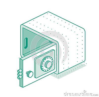 Isometric safe with open door. Outline object isolated on white background. Icon of security. Empty safe Cartoon Illustration