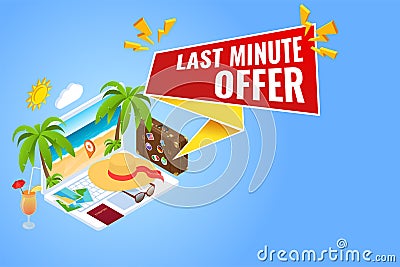 Isometric Sale Timer tag. Sale banner or Promotion. Red Last Minute Offer button sign, Bag, passport, camera, tickets Stock Photo