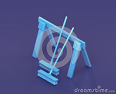 Isometric saw horse with brooms on blue background, single color workshop tool, 3d rendering Stock Photo