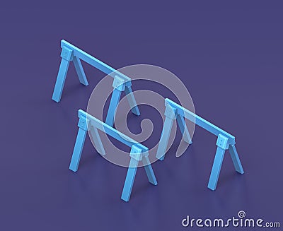 Isometric saw horse or roadblock barricade, on blue background, single color workshop tool, 3d rendering Stock Photo