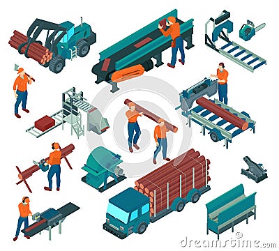 Isometric Sawmill Lumberjack Color Icon Set Vector Illustration