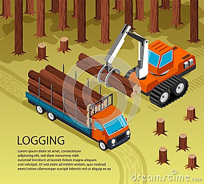 Isometric Sawmill Woodworking Background Vector Illustration