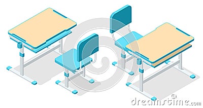 Isometric school desk and a chair isolated on white background. Wooden piece of furniture. Prepareing for test exam or Vector Illustration