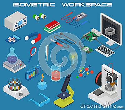 Isometric science concept electronics and chemistry equipment Vector Illustration