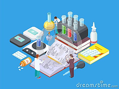 Isometric science lab. Vector medical research concept. Pharmaceutical industry, drug development Vector Illustration