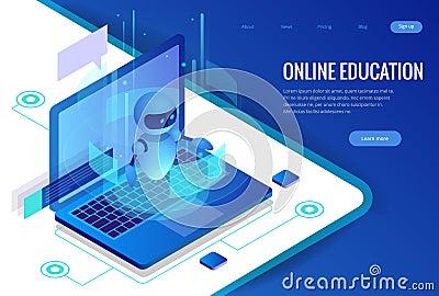 Isometric Science teacher bot concept. Artificial Intelligence, Knowledge Expertise Intelligence Learn. Technology and Vector Illustration