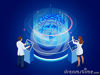 Isometric scientific development of Artificial Intelligence concept. Electric brain. Laboratory researching brain Vector Illustration