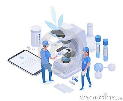 Isometric scientific laboratory, 3d medical research concept. Chemical experiments, blood tests and pharmacy research vector Vector Illustration