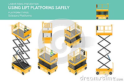 Isometric Scissors Platforms. Labor Risk Prevention. Vector Illustration