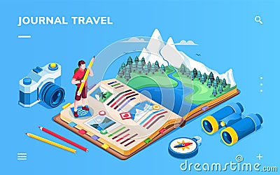 Isometric screen for travel journal or photo album Vector Illustration