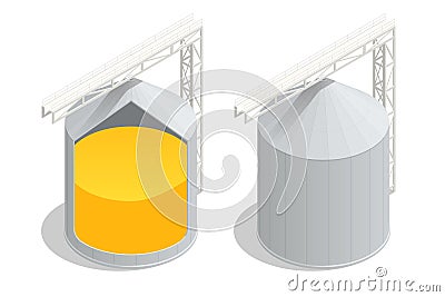 Isometric section of a cylindrical grain silo for infographics. Export wheat trade. Grain harvest storage Vector Illustration