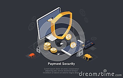 Isometric secure bank transfers via mobile device, online payment, credit card with smartphone and shield, electron Vector Illustration