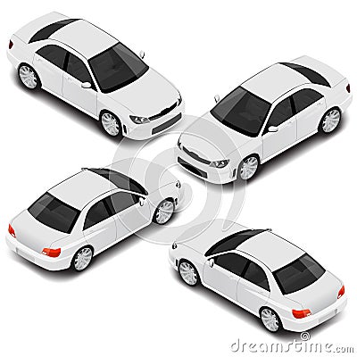 Isometric sedan car in four projections. Transport icons set. Vector Illustration