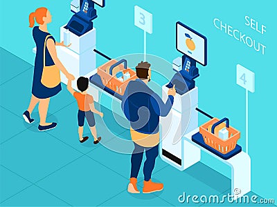 Isometric Self Checkout Supermarket Composition Vector Illustration
