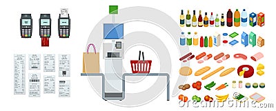 Isometric self-service cashier or terminal. The point with self-service checkout in the supermarket. Vector Illustration