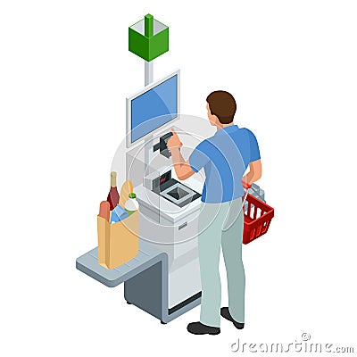 Isometric self-service cashier or terminal. Young man paying at the self-service counter using the touchscreen display Vector Illustration