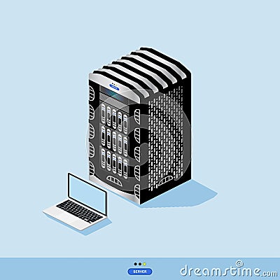 Isometric server data center cloud with laptop. Vector illustration EPS 10 Cartoon Illustration