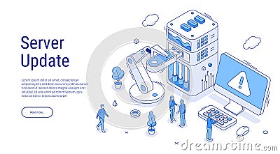 Isometric server update in electric blue outline. Programmers upgrading operating system. IT specialists updating Vector Illustration
