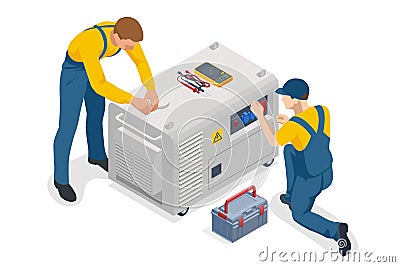 Isometric service engineer repairing or adjusting diesel power generator. Portable electric power-generator, industrial Vector Illustration