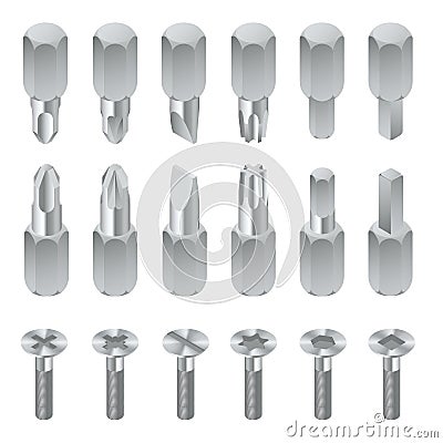 Isometric set of bits for screwdriver isolated on white background. . Metal bits for screwdriver. Hand tools for repair Vector Illustration