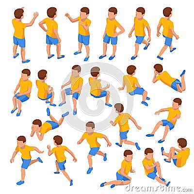 Isometric set of boys in different poses stands, runs, sits, lies and others on white background. Constructor set or Vector Illustration