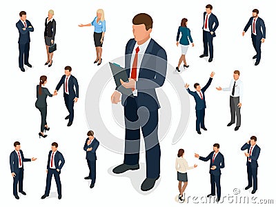 Isometric set of Businessman and businesswoman character design. People isometric business man in different poses Vector Illustration