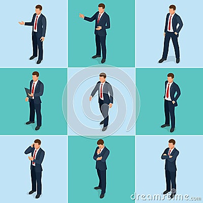 Isometric set of Businessman and businesswoman character design. People isometric business man in different poses Vector Illustration