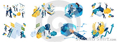 Isometric set of concepts on the topic of online cooperation, agreement, financing of projects, online consultation, partnership Vector Illustration