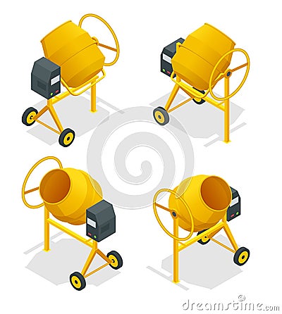 Isometric set of Concrete mixer icon for web. Cement mixer vector, pouring cement isolated white background. Vector Illustration