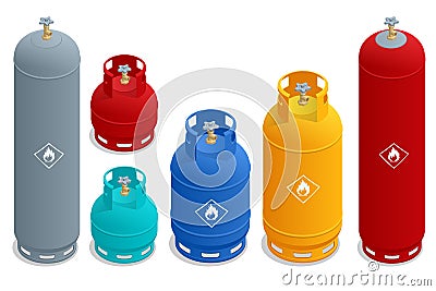 Isometric set of Cooking gas cylinders. Production, delivery and filling with natural gas of lpg gas bottle or tank. Vector Illustration